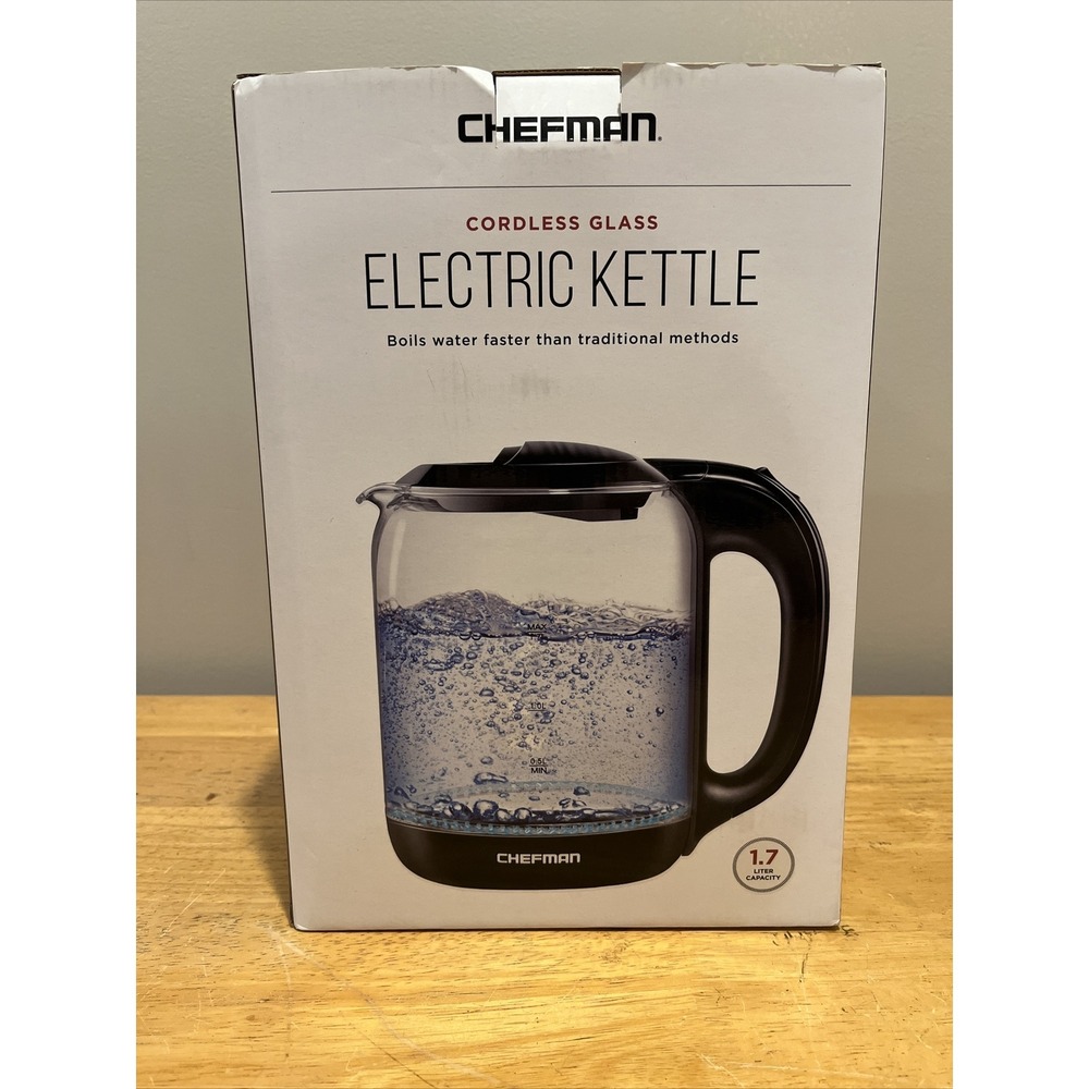 Chefman 1.7 Liter Electric Glass Tea Kettle with LED Boil Lights, Clear/Black